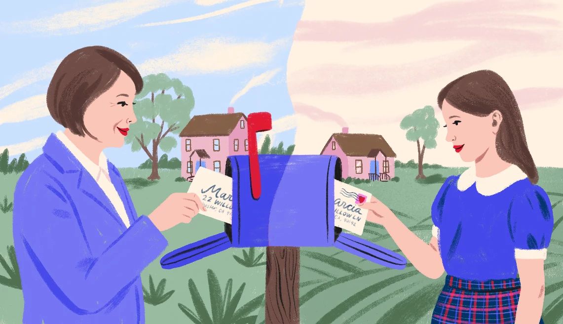 Women On What They'd Tell Their Younger Selves a split screen shows an older woman and a younger woman put letters into mailboxes