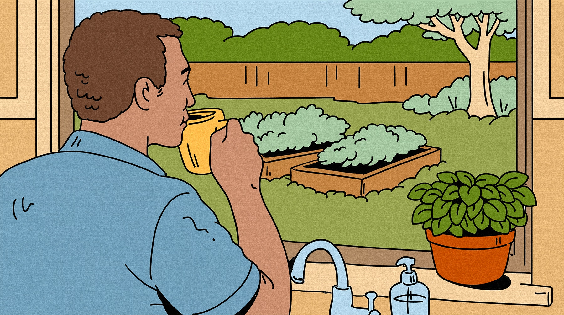an illustration shows an older adult male enjoying a cup of coffee, looking out his kitchen window onto his garden