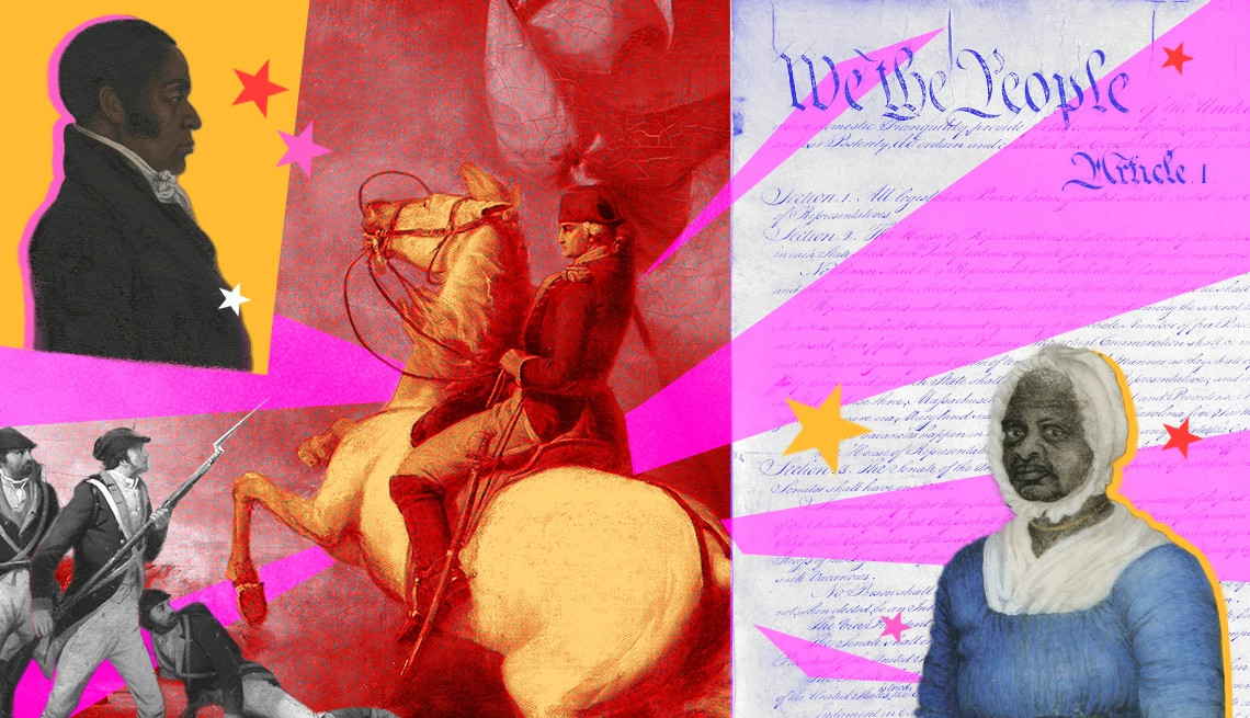 the declaration of independence and various images of people involved in the american revolution