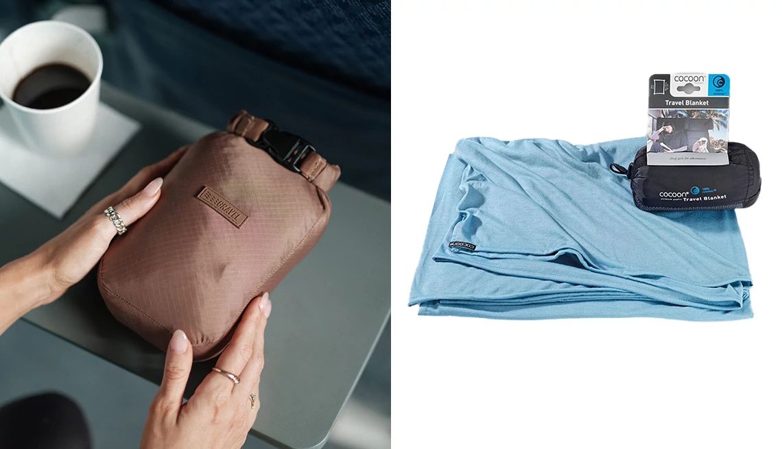 Travel Blankets a side-by-side shot of a bag on an airplane and a blanket