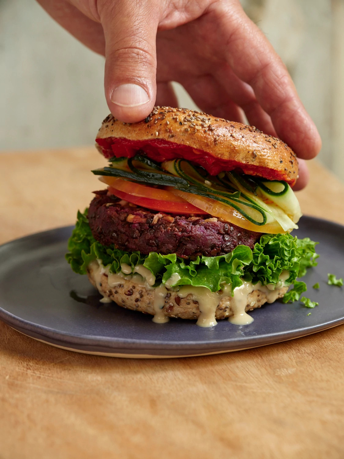 A close-up view of a Blue Zones burger