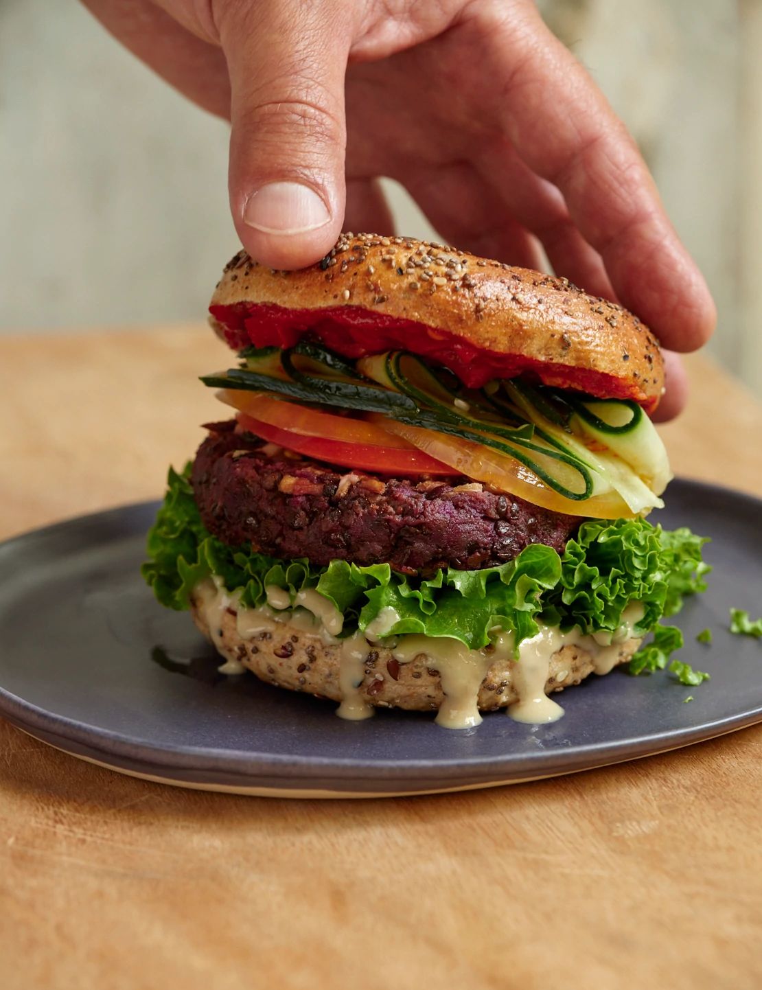 Blue Zones Burger A close-up view of a Blue Zones burger