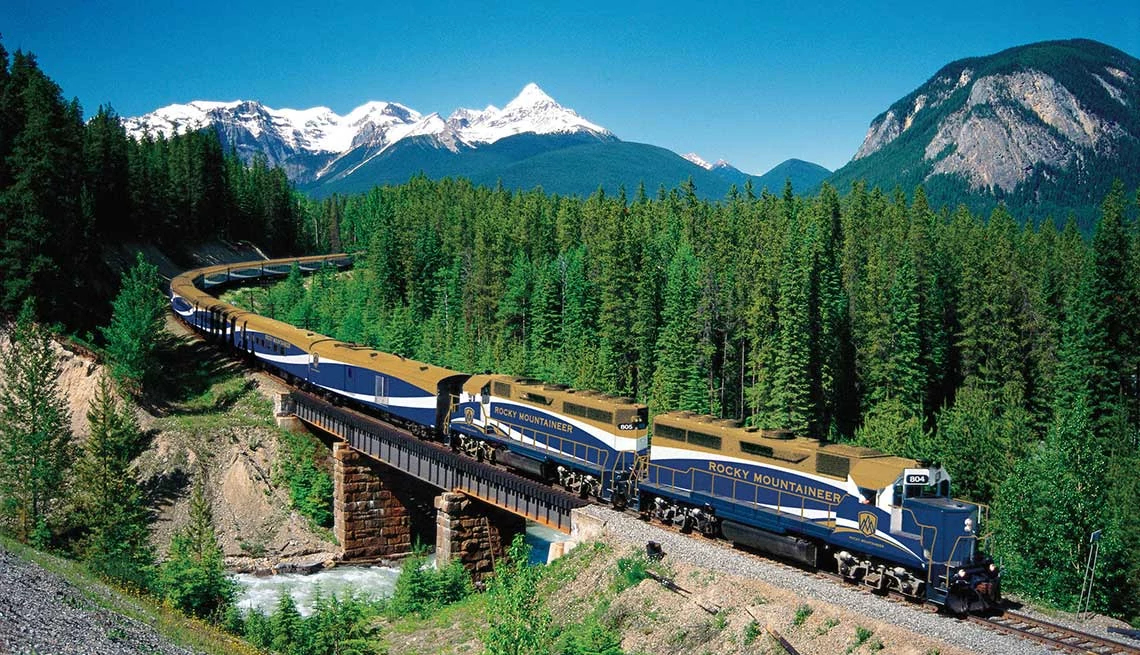 Train, forest, mountains