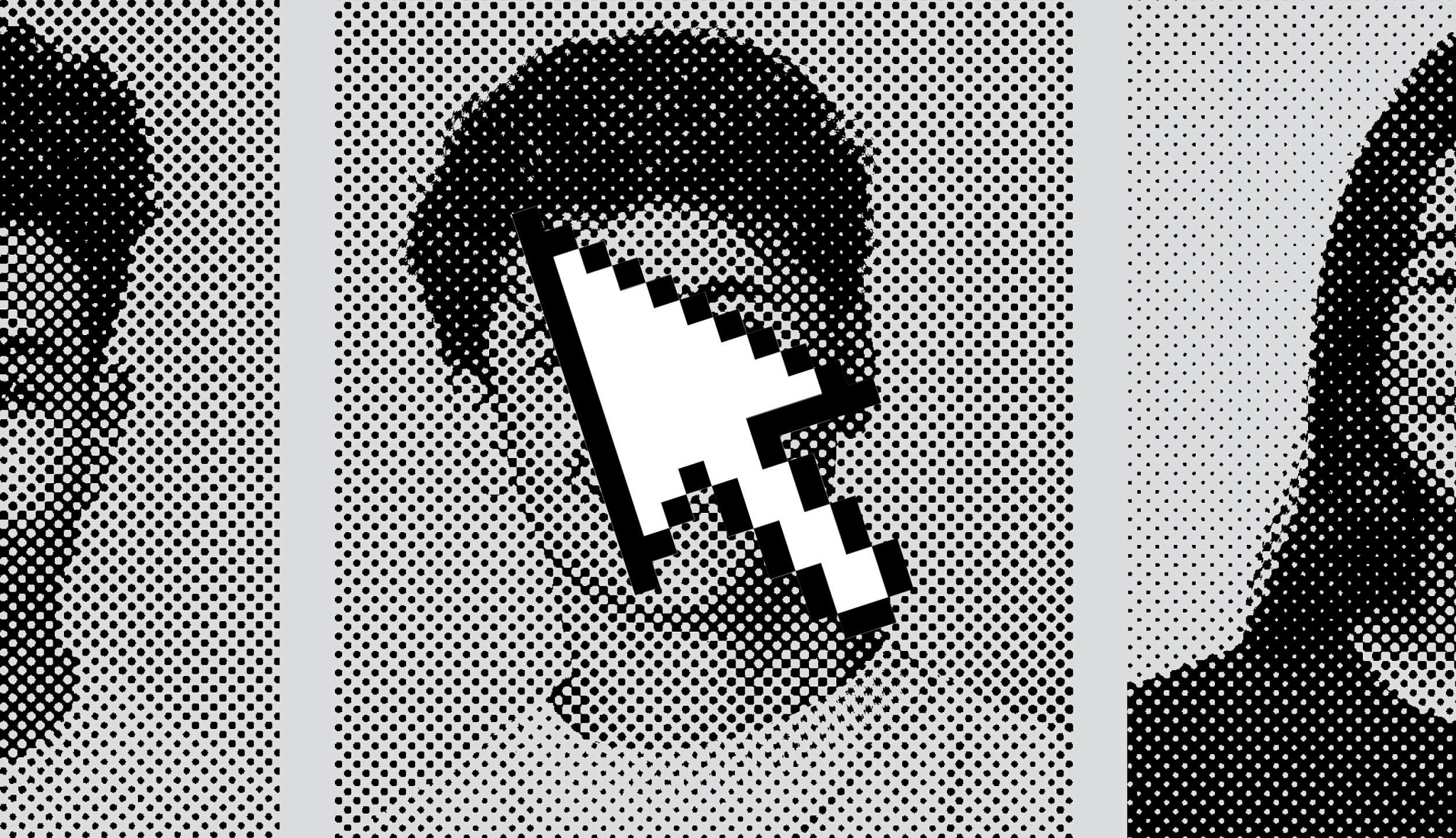 Black-and-white halftone illustration showing a large computer cursor positioned over a profile image in a grid of portraits