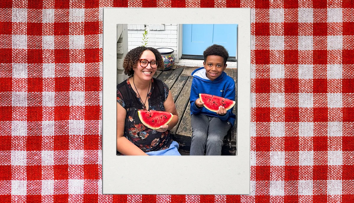 a polaroid style photo of writer Sheeka Sanahori and her son Amir enjoying watermelon is superimposed on a checkered picnic table style background