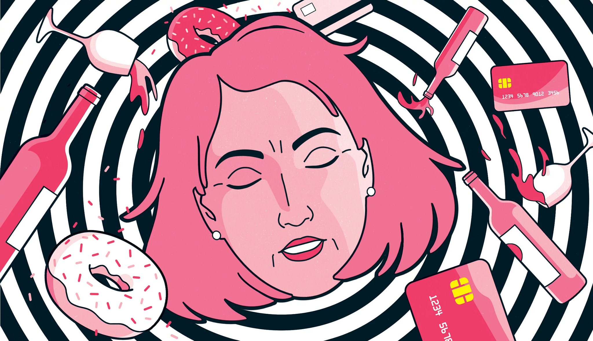 a womans face floating with different images of wine bottles, credit cards and donuts