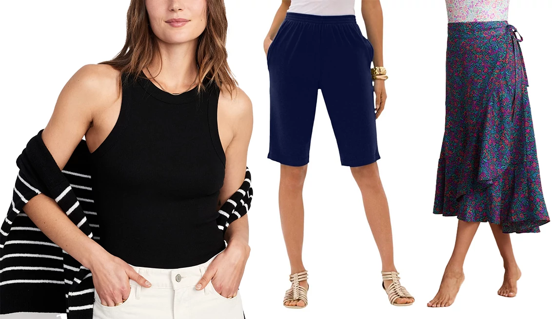 Old Navy Snug Crop Tank Top in Black Jack; Roaman’s Women’s Plus Size Soft Knit Bermuda Short in Navy; Summersalt The Silky Luxe Beach to Brunch Wrap Skirt in Radiant Floral in Deep Sea