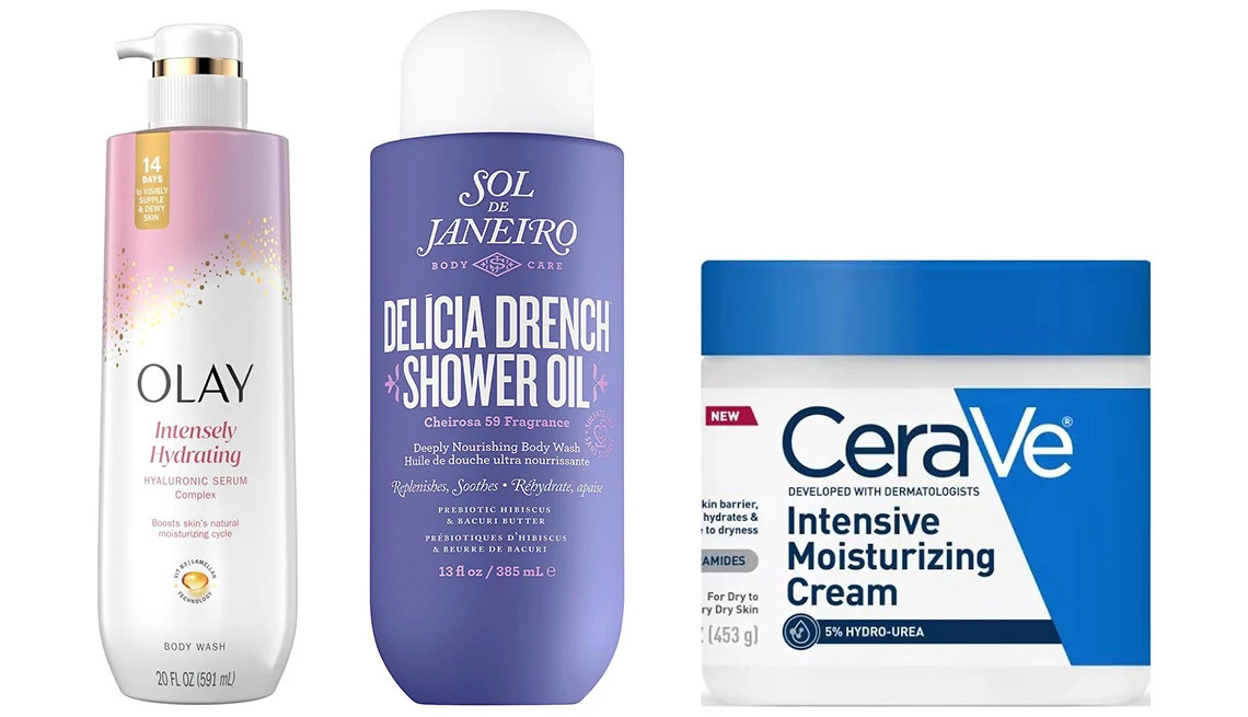 a collage with moisturizing bath products