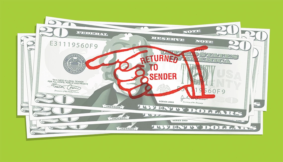 A stack of twenty dollar bills with a stamp saying returned to sender