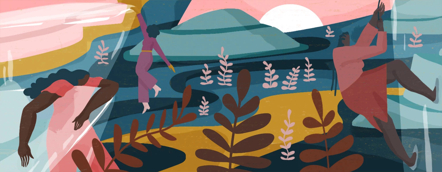 illustration of two ladies hanging off glass cliffs workplace related