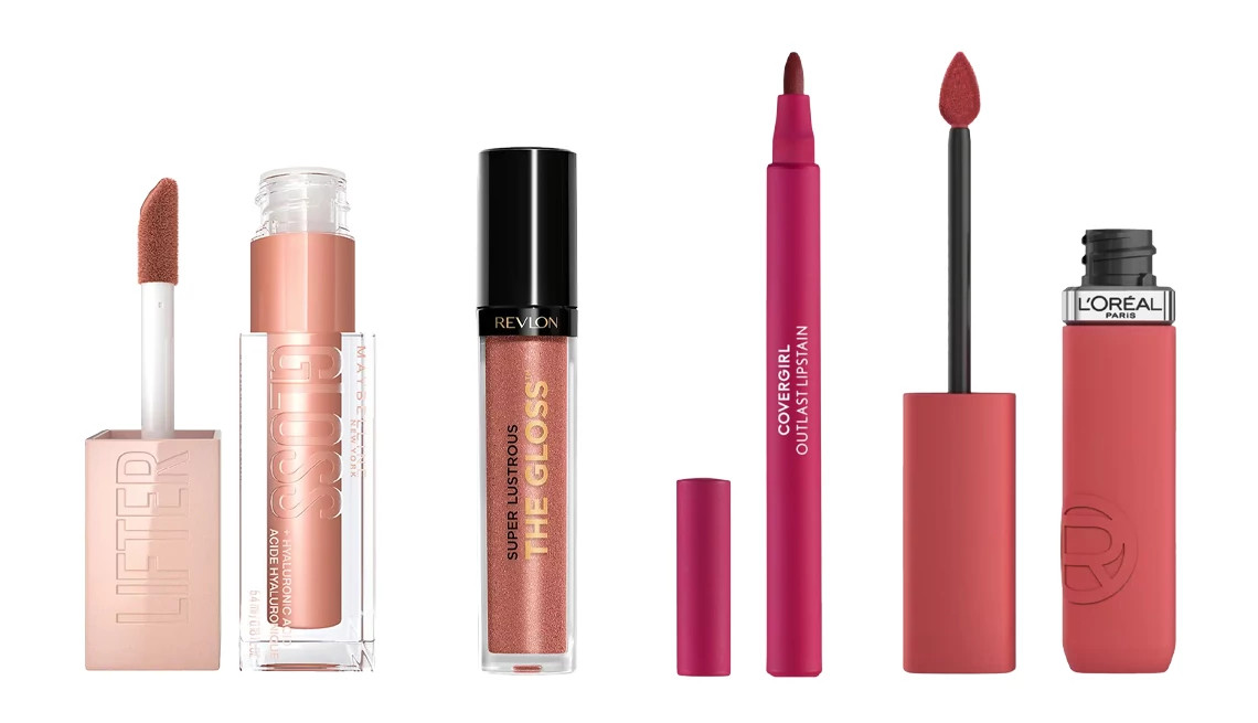 Maybelline Lifter Gloss Lip Gloss with Hyaluronic Acid; Revlon Super Lustrous The Gloss; CoverGirl Outlast Lipstain; L’Oreal Infallible Matte Resistance Liquid Lipstick