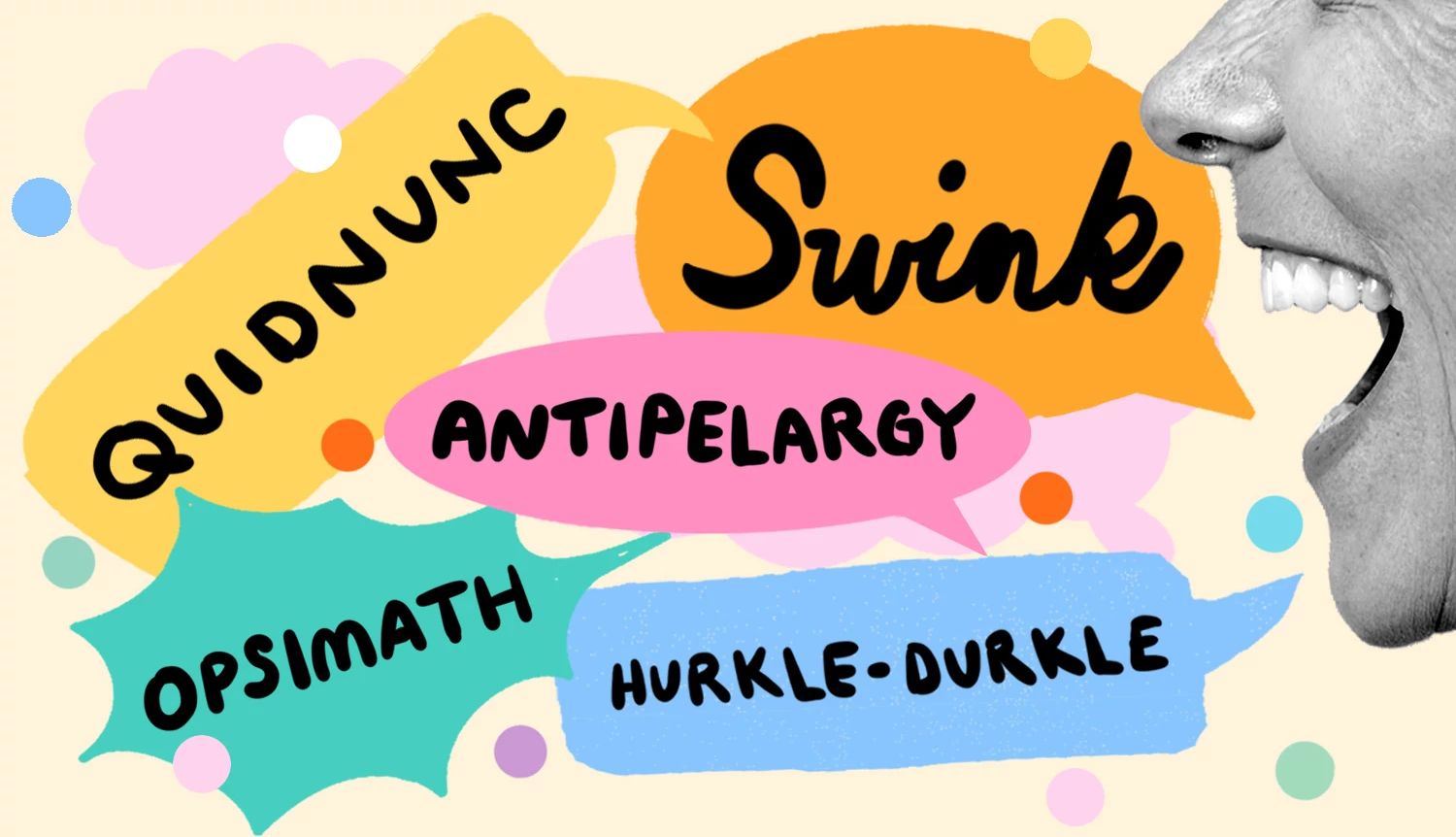 ‘Friends with Words’ Digs Deep Into Language a collage of colorful word bubbles containing unusual words