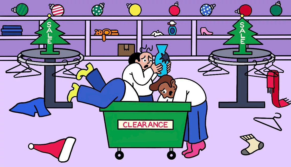 an illustration shows last-minute holiday shoppers frantically searching for gifts in an emptied-out retail store