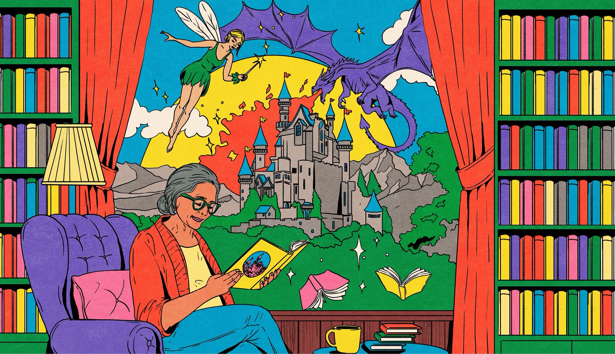 fantasy and sci-fi books we suggest illustration of a woman reading a book with a fairy, dragon and castle in the background