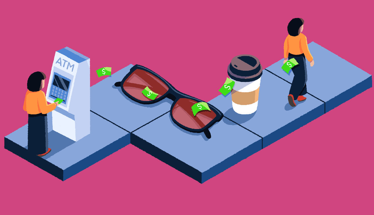 a path starts from an a t m and winds around a game board to symbolize taking extra steps to make purchases with cash