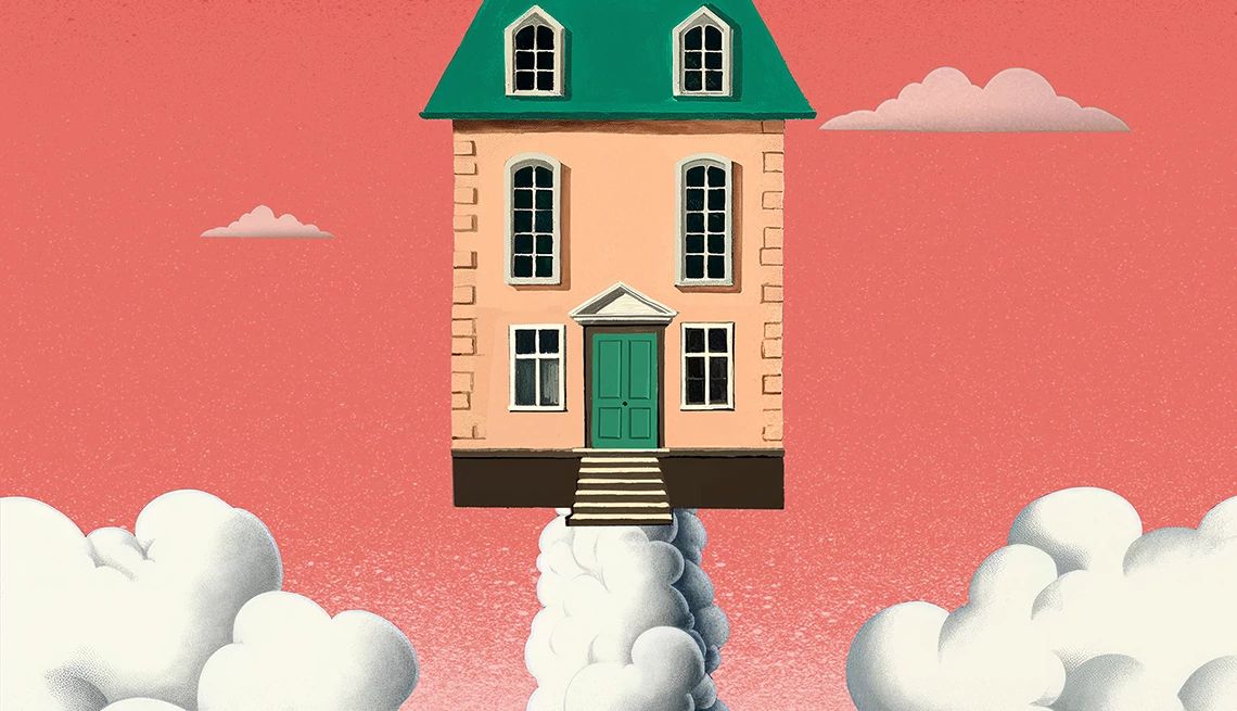 Money woe: A skyrocketing insurance premium illustration of a house in the clouds