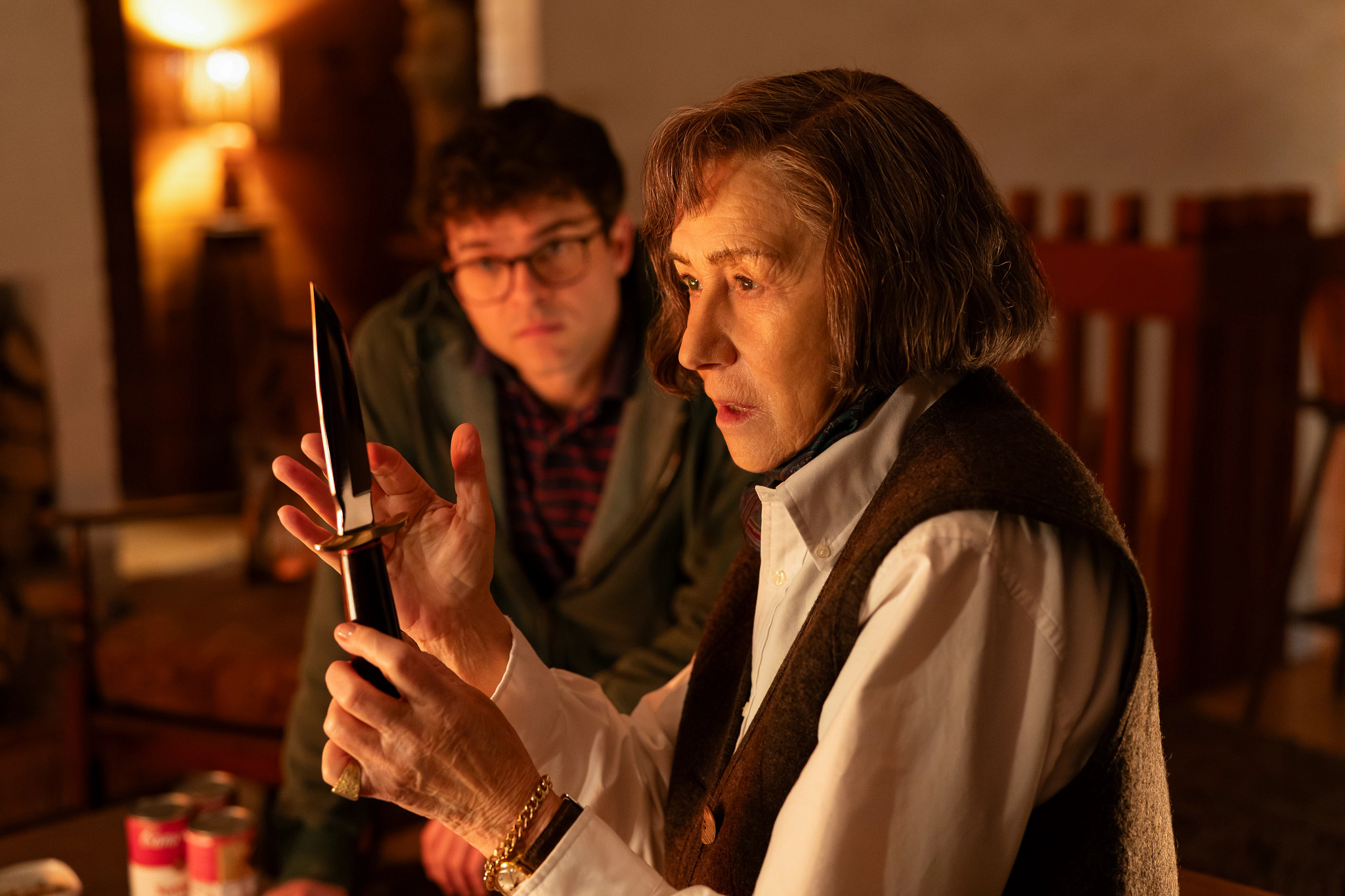 Helen Mirren and Alden Ehrenreich in a scene from A Talent for Murder
