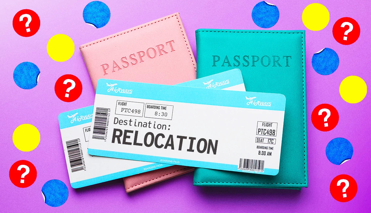 airplane ticket overlaid on passports surronded by multi colored bubbles with question marks