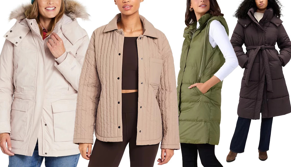 a collage with models wearing different styles of winter coats