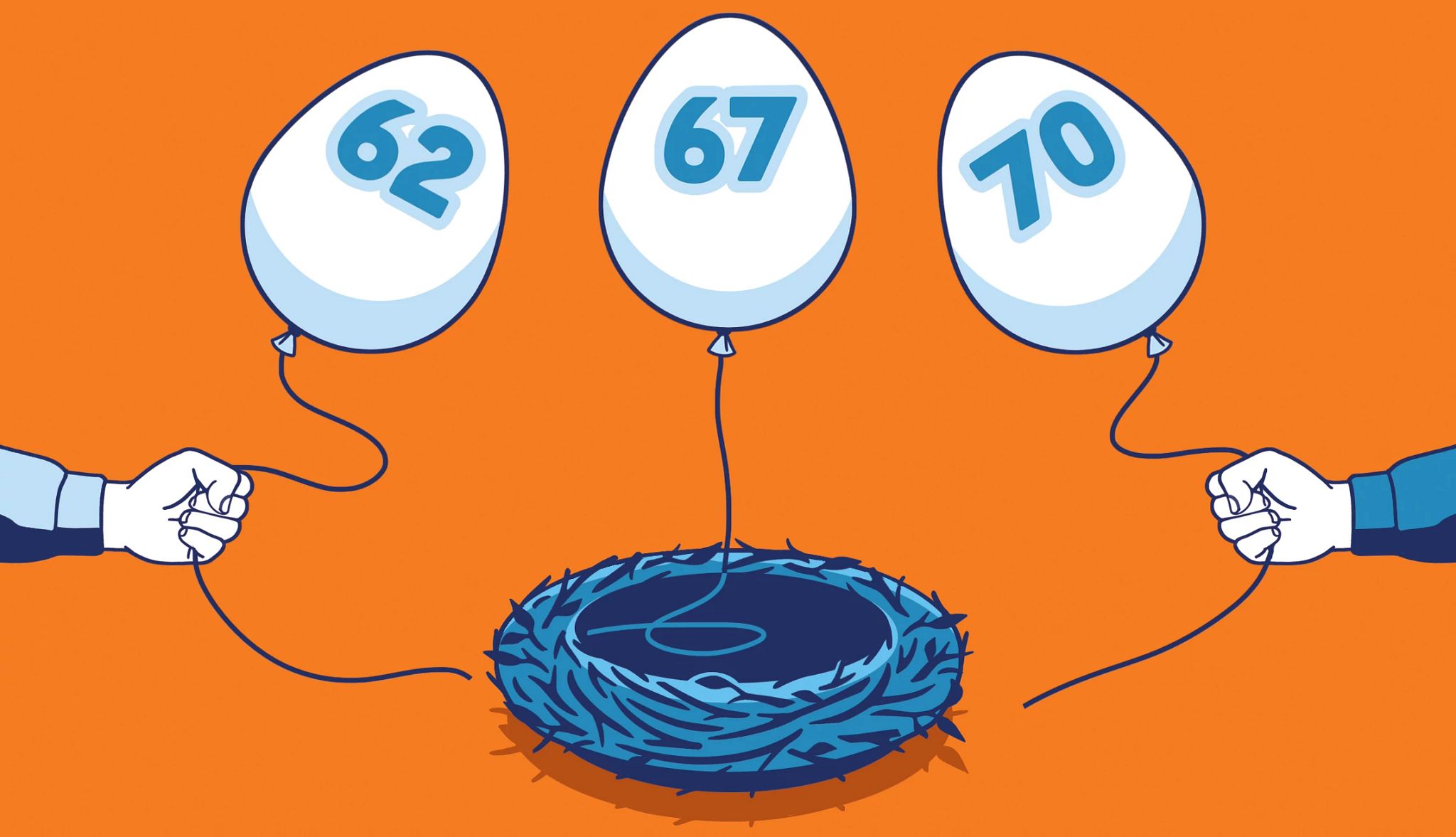 Seguro Social: ¿cobrarlo a los 62, 67 o 70 años? globos con las edades 62, 67 y 70 sobre un nido vacío, simbolizando cuándo cobrar el Seguro Social.