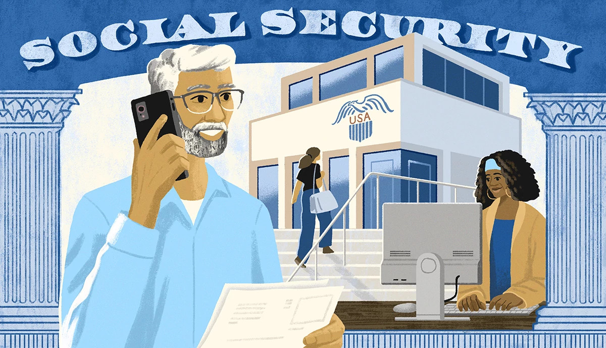 A person holds paperwork near a Social Security office