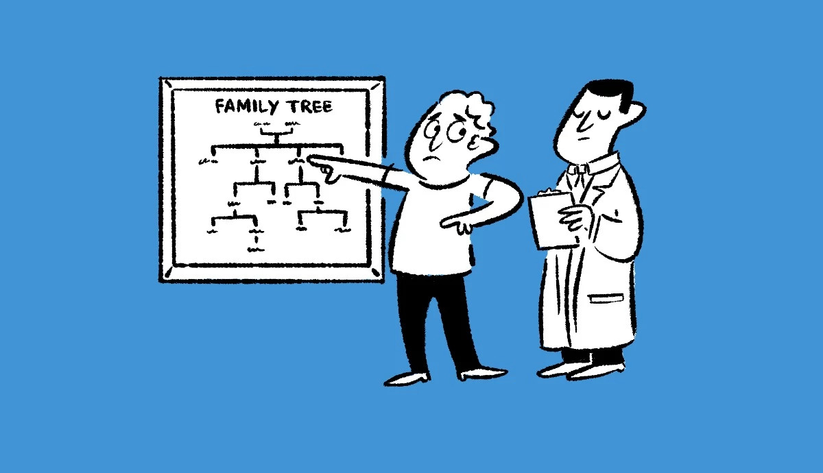 patient reviewing a family tree chart with a doctor
