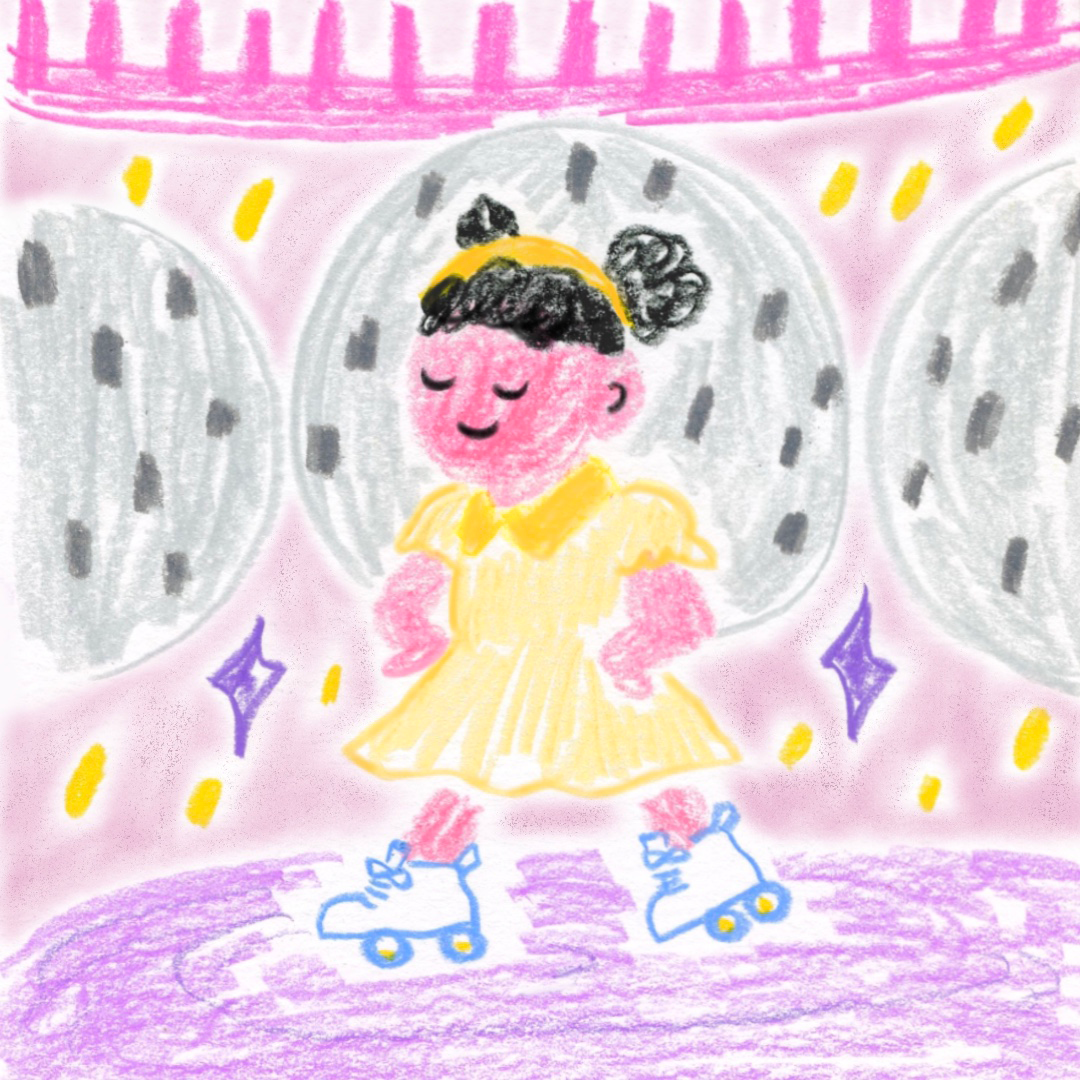 Child's crayon drawing of a smiling figure with angel wings and roller skates surrounded by colorful stars