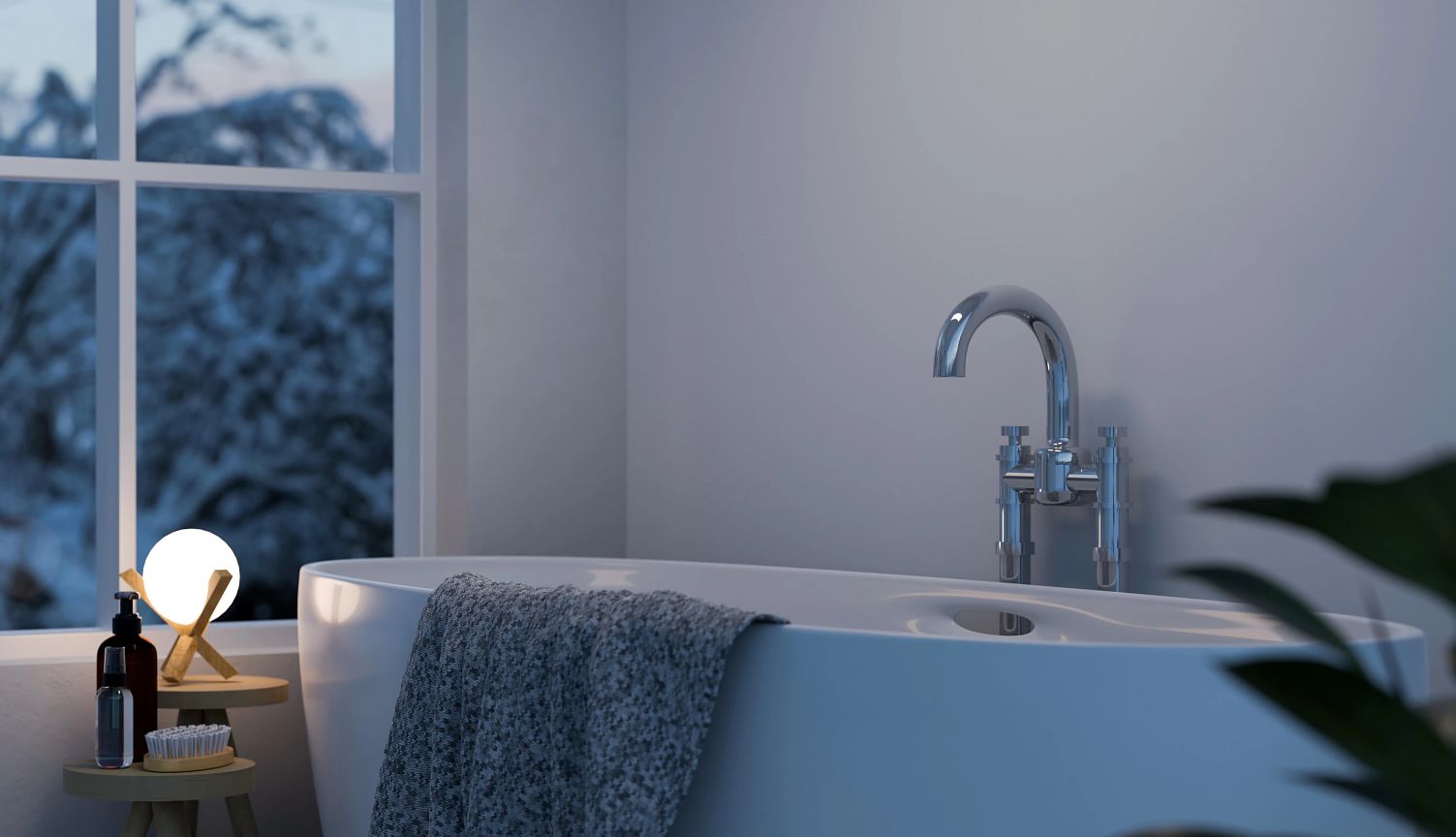 diseño interior moderno y confortable para un cuarto de baño en la noche, con bañera de lujo, iluminación suave y más
