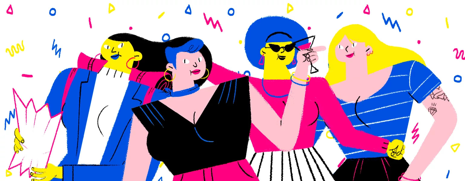 A drawing of a group of four women enjoying being out for a birthday celebration.