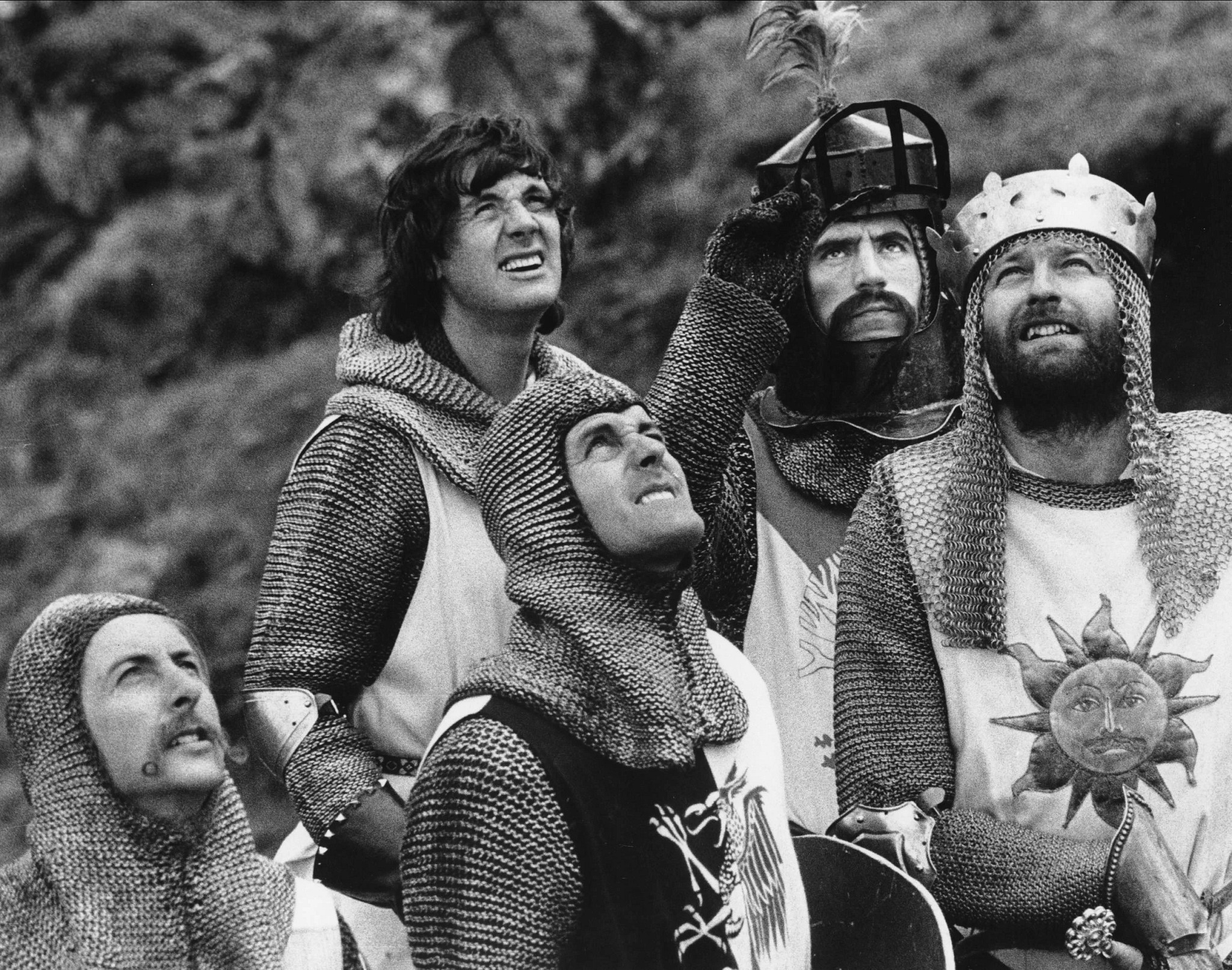 Monty Python members in a scene from Monty Python and the Holy Grail.