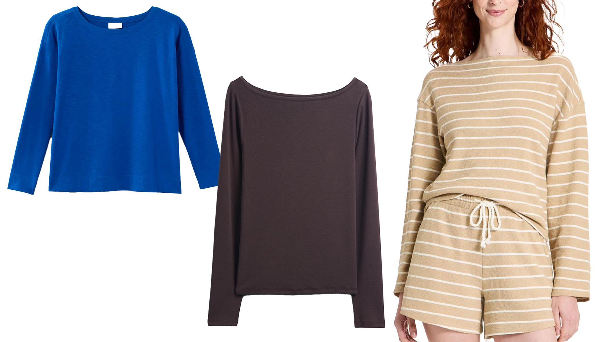 two different styles of long sleeve boatneck tops and a model wearing a matching set featuring a boatneck top