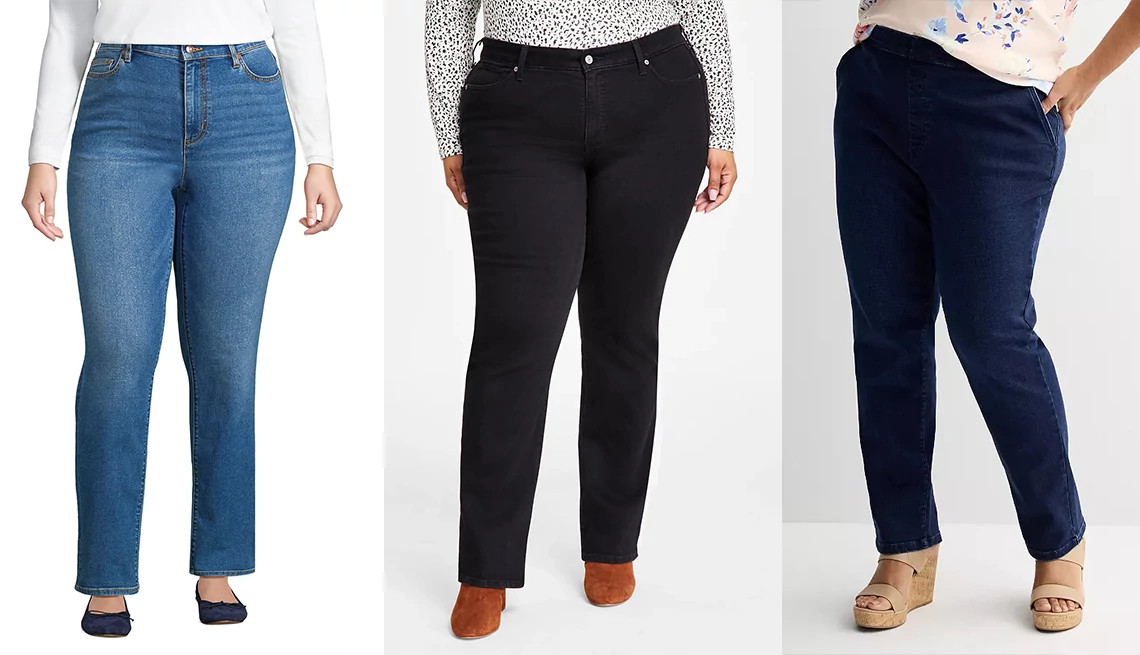 a collage with plus size models wearing three different styles of jeans