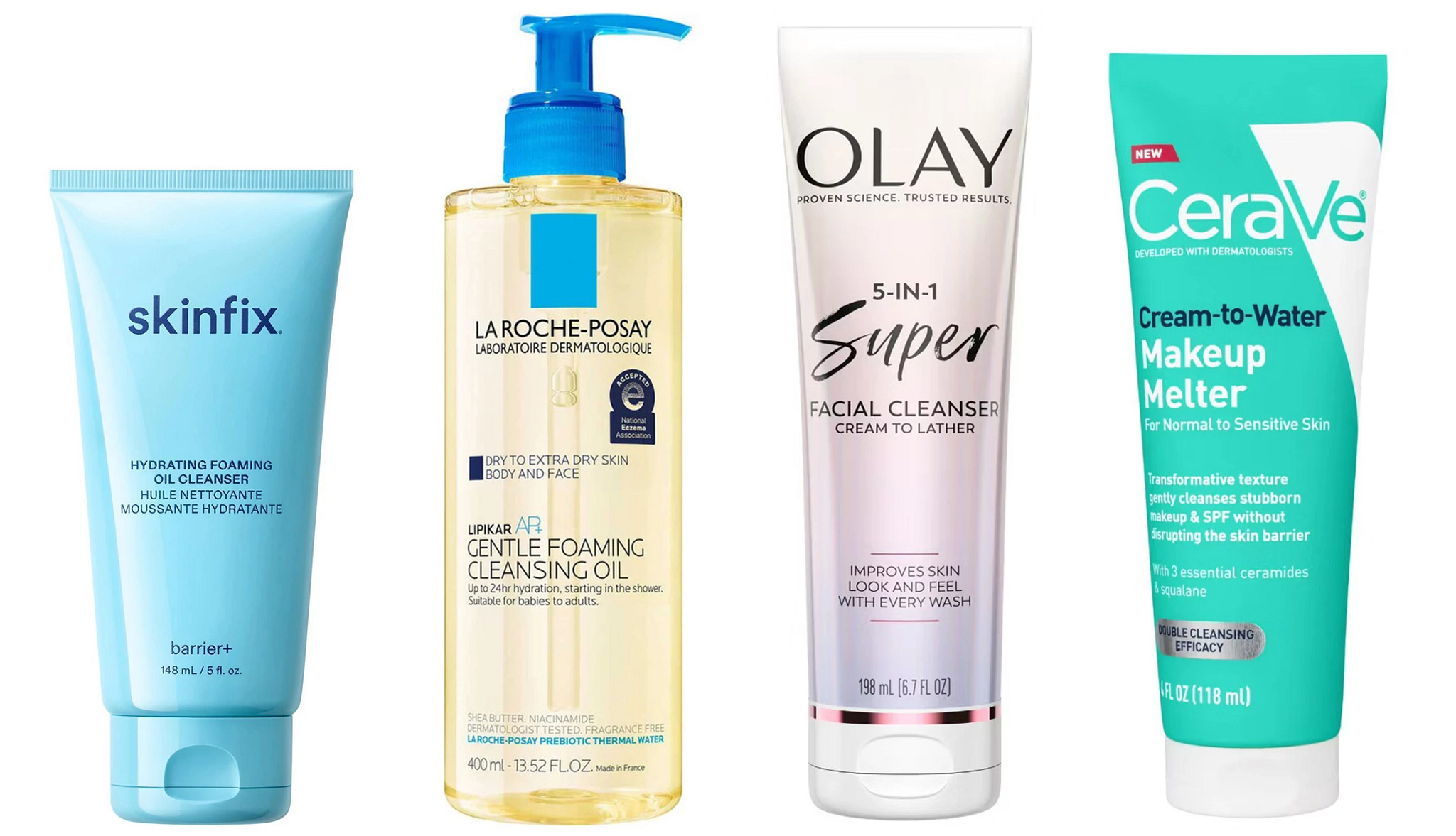 Different types and brands of facial cleansers.