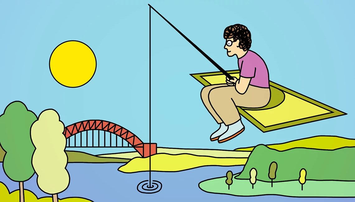 illustration of a person sitting on a floating oversize dollar bill fishing with a bridge in the distance