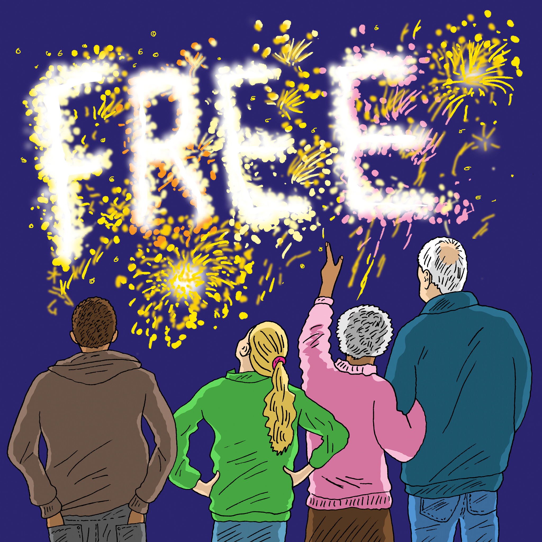 four people look at fireworks that spell the word free