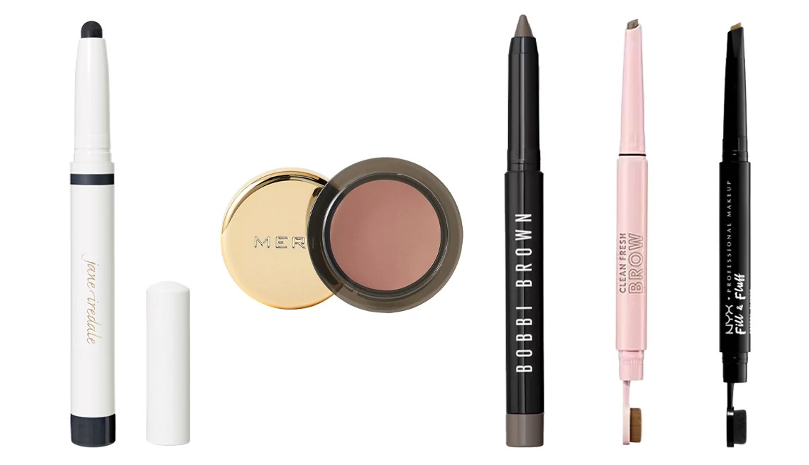 Jane Iredale Colorluxe Eyeshadow Stick; Merit Solo Shadow Cream-to-Powder Soft Matte Eyeshadow; Bobbi Brown Long-Wear Cream Eyeliner Stick; CoverGirl Clean Fresh Brow Pomade; NYX Professional Makeup Fill & Fluff Eyebrow Pomade Pencil
