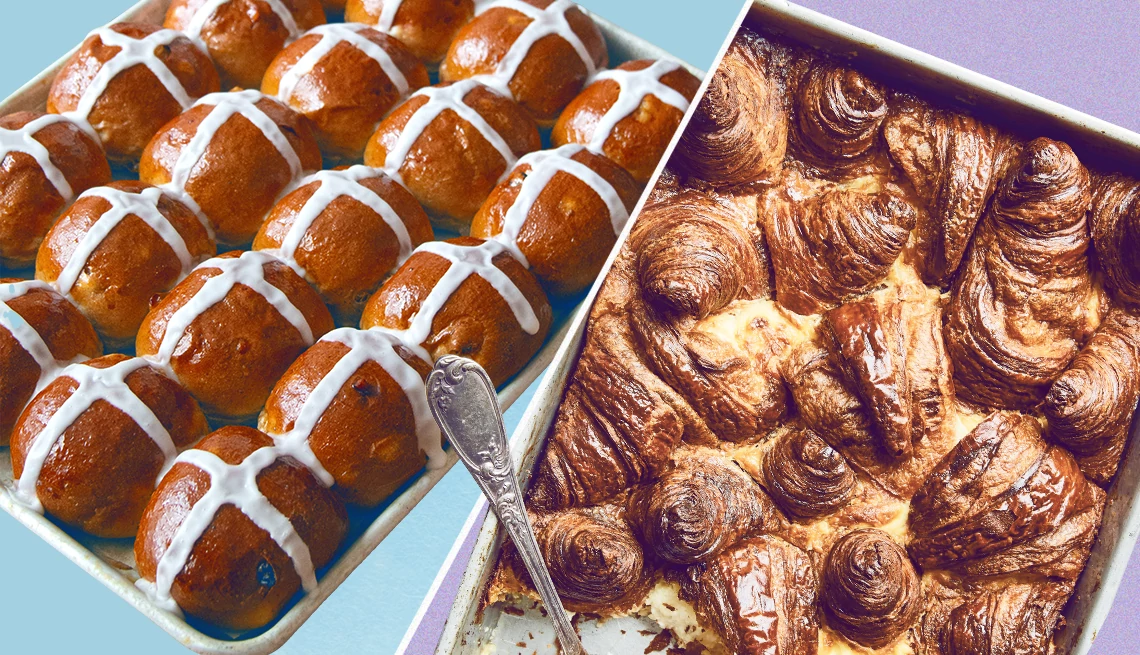 different types of Easter breads collage of Hot Cross Buns and Quick Croissant Pain Perdu