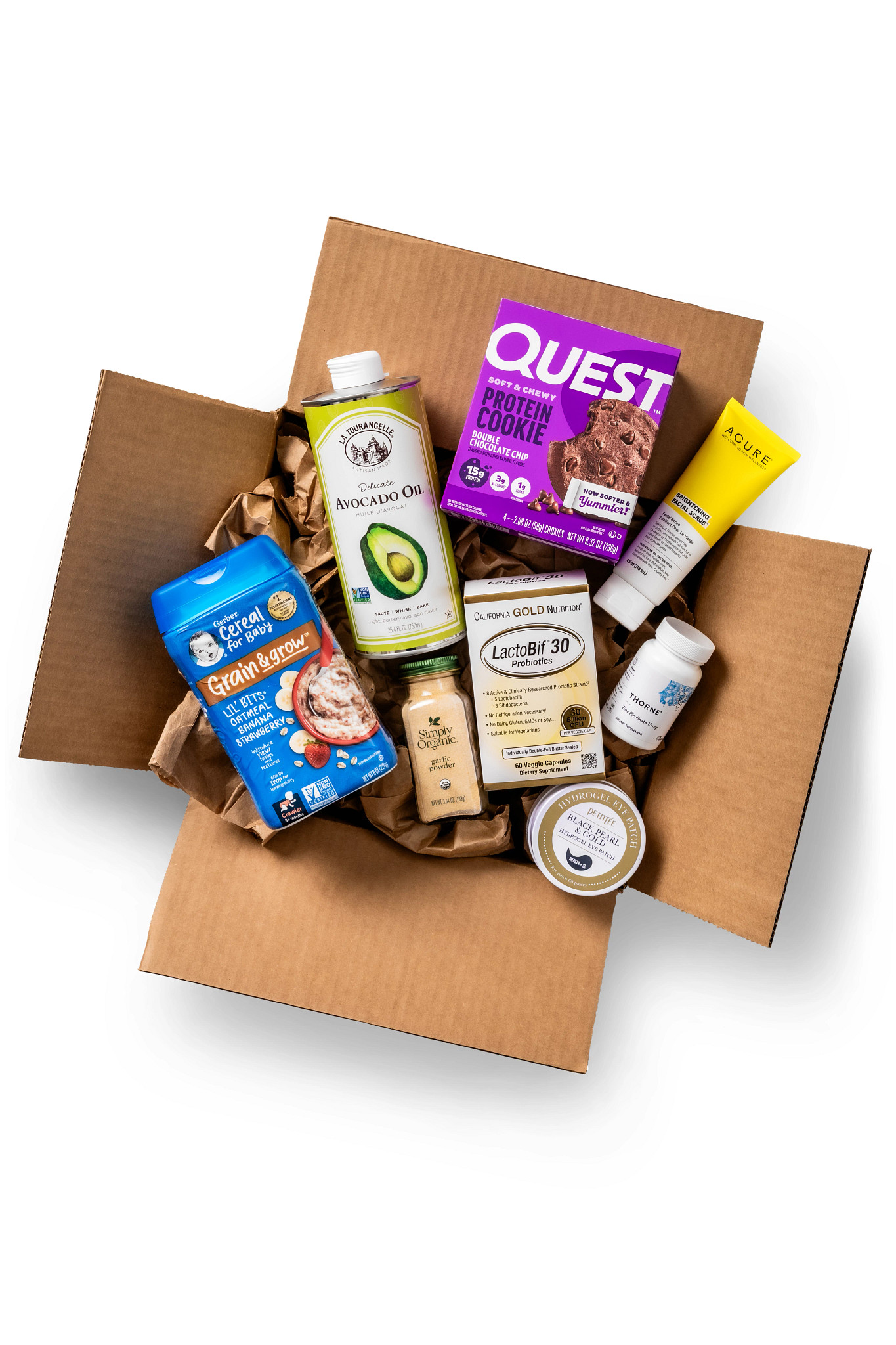A box filled with food and household items