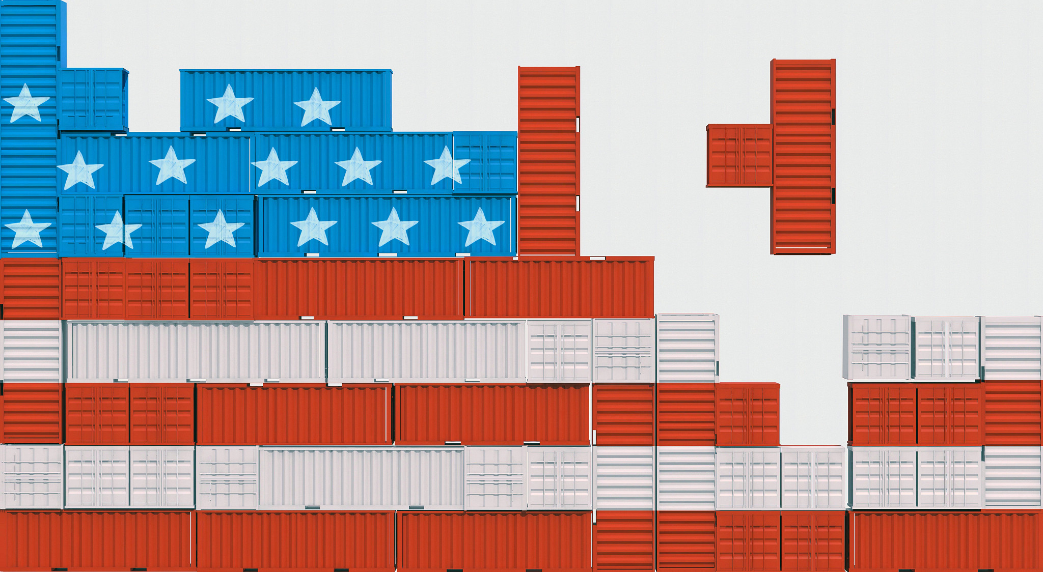 large shipping containers in the colors of the american flag are stacked like tetris pieces