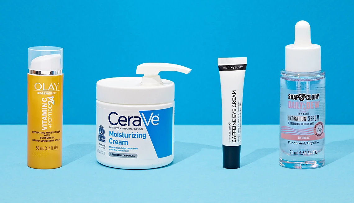Olay Regenerist Vitamin C + Peptide 24 Facial Moisturizer SPF30; CeraVe Moisturizing Cream for Normal to Dry Skin with Pump, Face & Body; The Inkey List Caffeine Eye Cream; Soap & Glory Daily Dew Instant Hydration Serum with Hyaluronic Acid and Vitamin B5