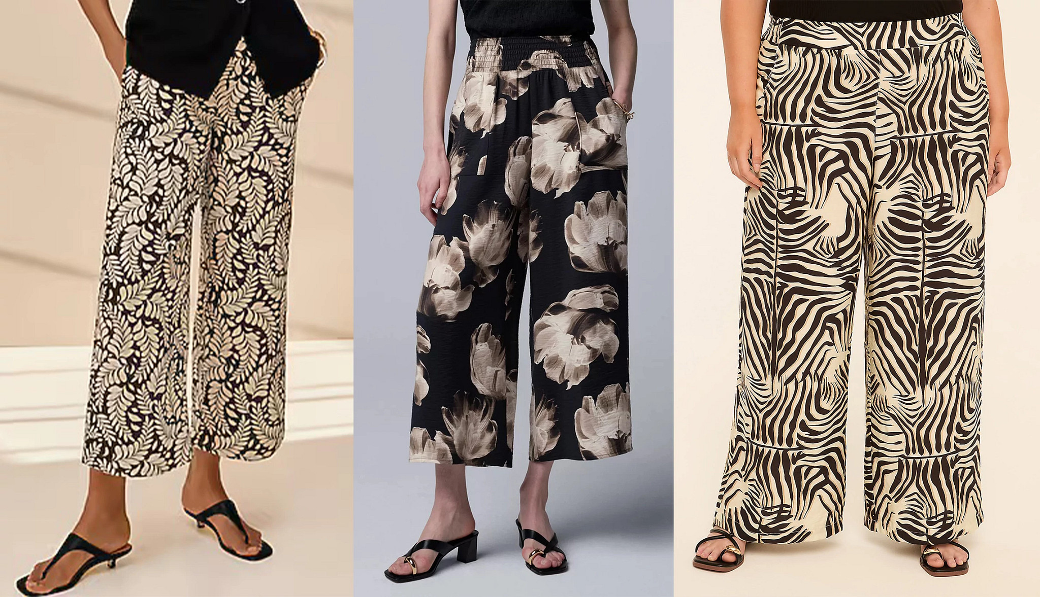 a collage with three models wearing wide leg pants in black and white prints