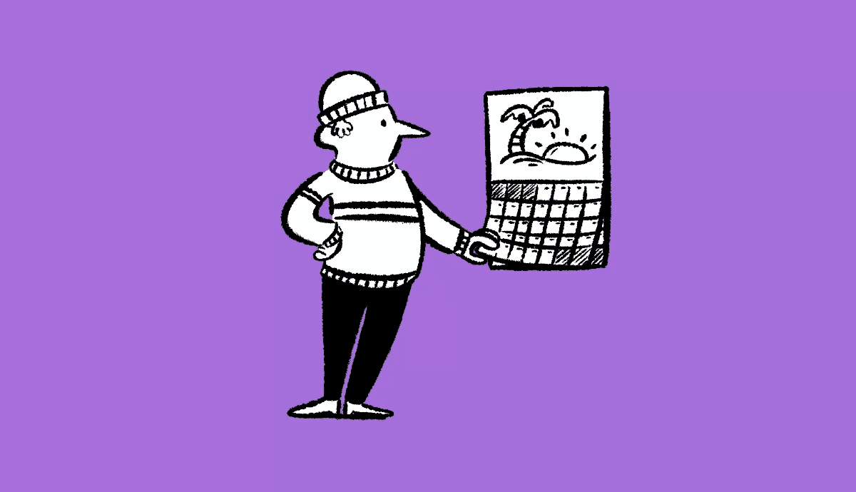 An illustration shows a person dressed in a warm winter sweater and beanie pointing to a wall calendar featuring a tropical beach scene, representing the seasonal timing for planning fall and winter vaccinations.