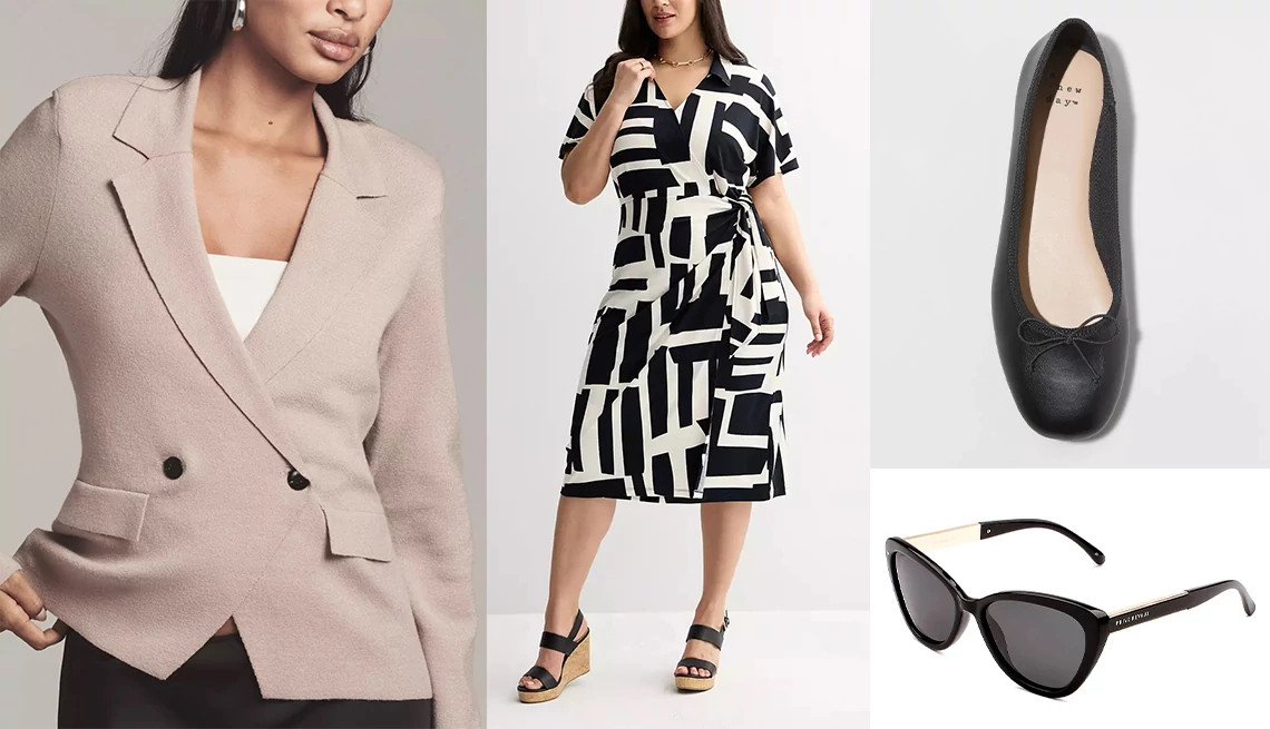 a blazer, a wrap dress, ballet flats and sunglasses