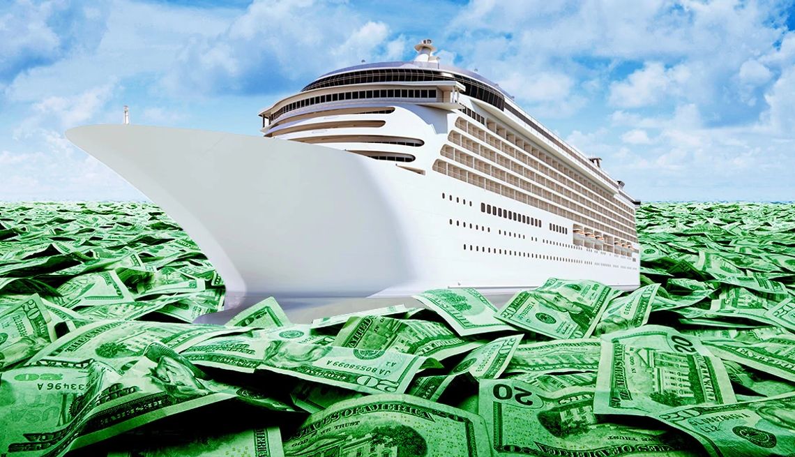 Cruise Scams a cruise ship in water made of cash