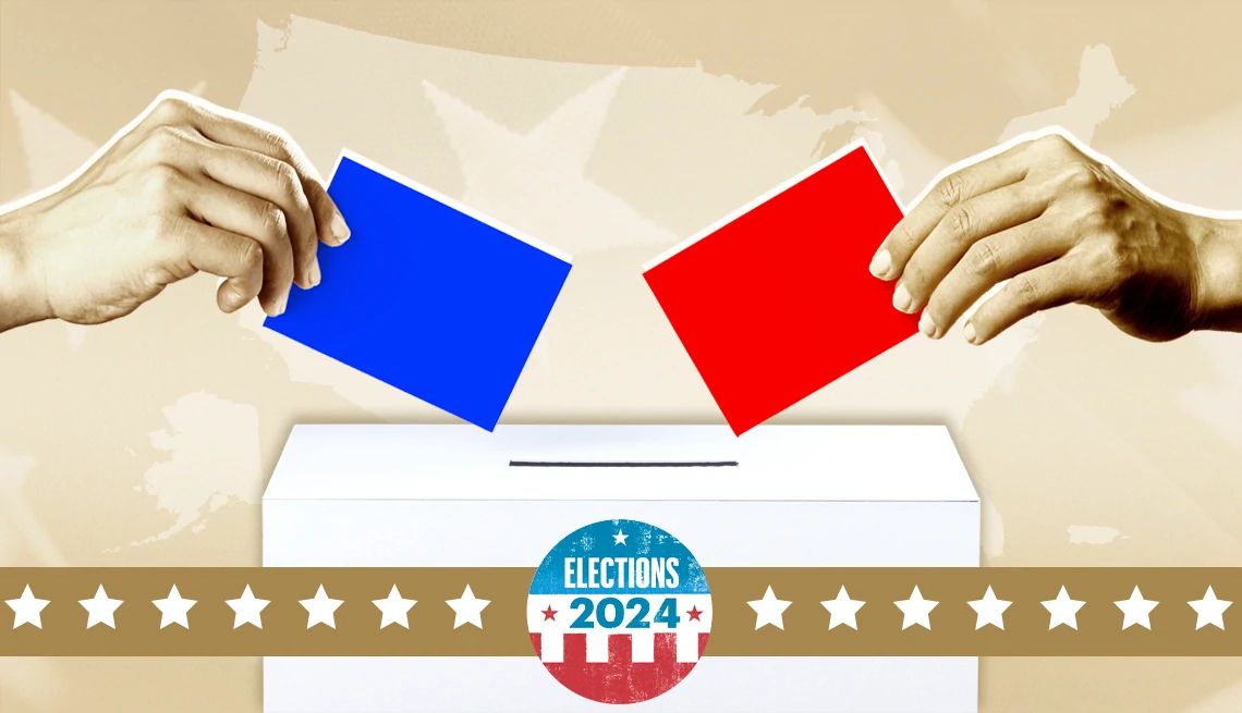 two hands, one holding a blue card and the other holding a red card, place their cards into a ballot box. in front of the box is an election 2024 banner.