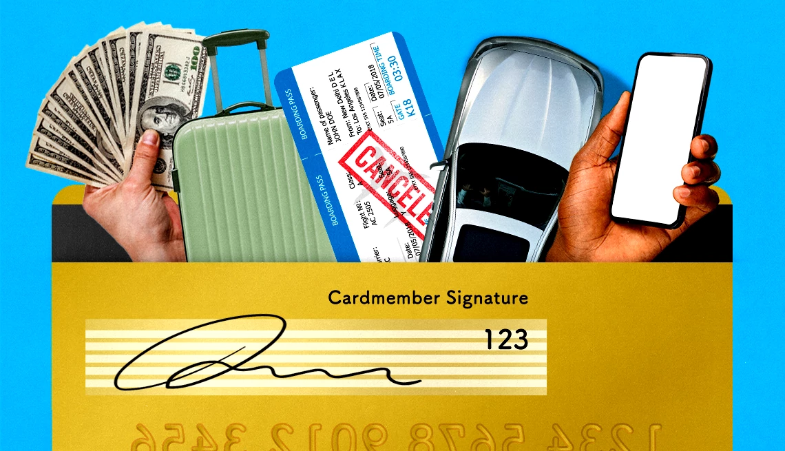 cash, luggage, a boarding pass, a car and smartphone pop out of a credit card to show available perks