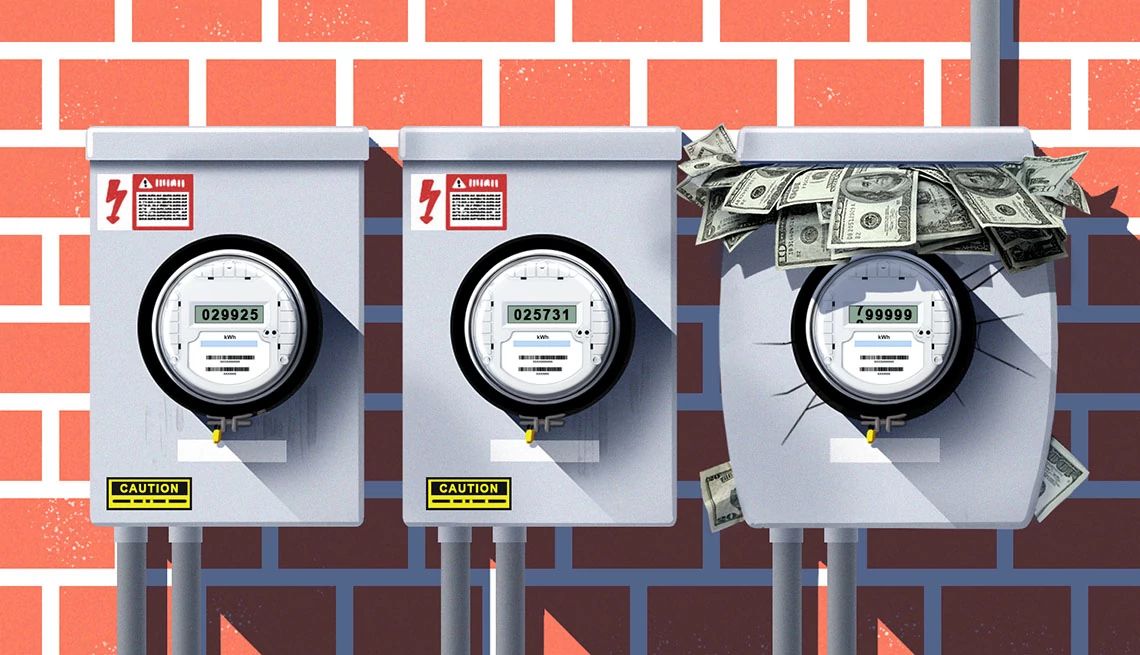 AARP lucha para proteger a los adultos mayores de los aumentos en las tarifas de servicios públicos ilustración de tres medidores de electricidad, uno lleno de dinero a punto de reventar
