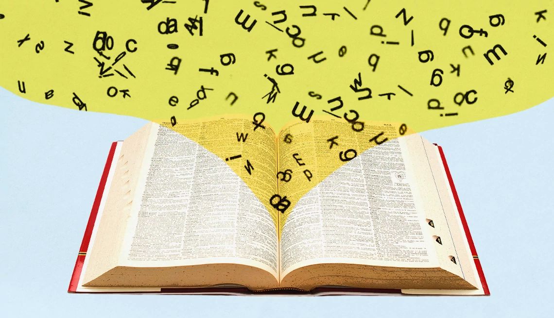 50 New Dictionary Words an open dictionary spewing an illustrated assortment of letters