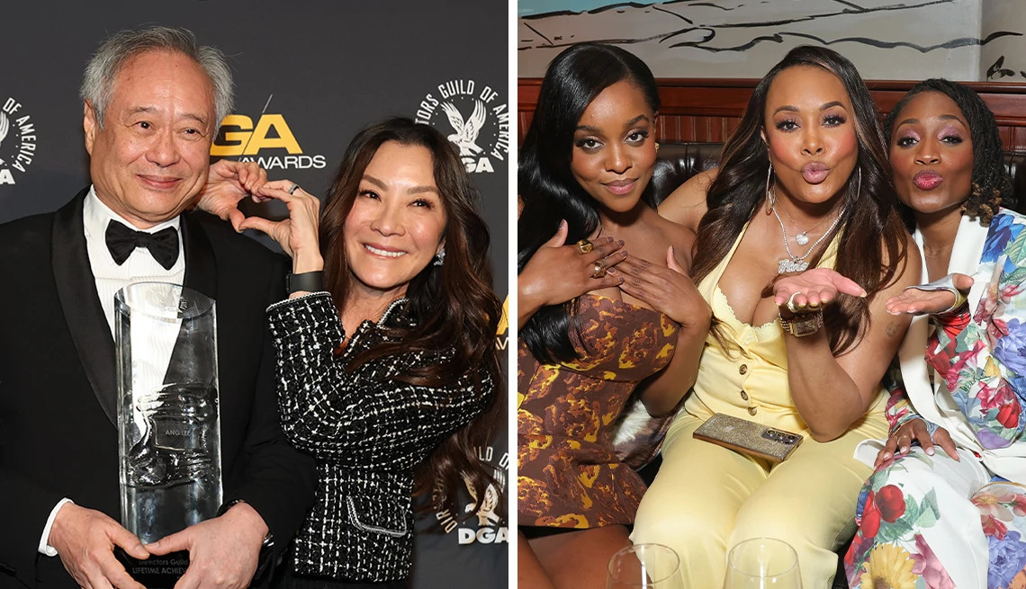 a collage with photos of michelle yeoh posing with ang lee and vivica a fox posing with mallori johnson and aleshea harris