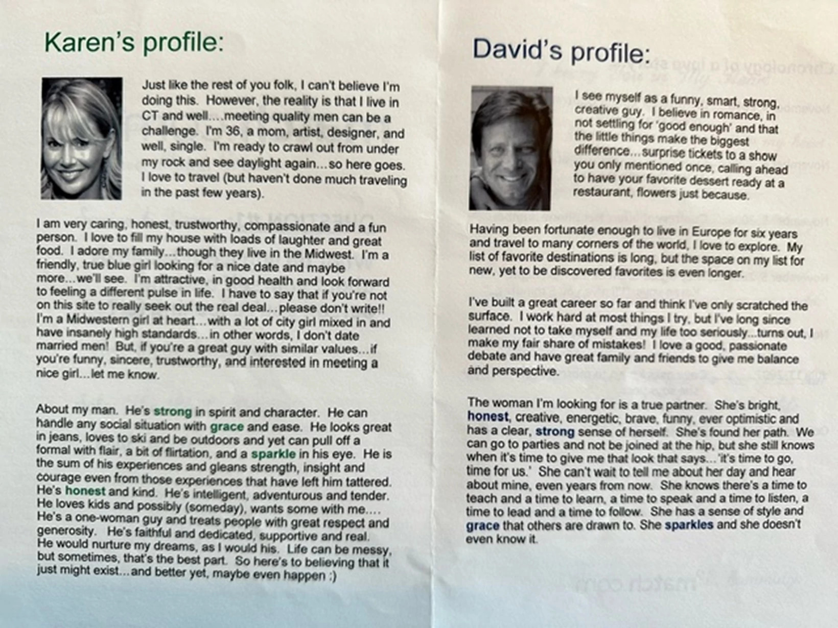 Karen and Dave's Match.com profiles with photo